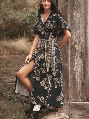 Anthropologie Exquise Tobie Navy Blue Floral Midi Dress